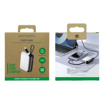 4smarts Powerbank Pocket ar USB-C kabeli 10000mAh, Sudraba