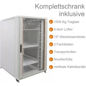 IT-BUDGET 19 inch Tīkla skapis SRK - Pilns komplekts - 27U - 800x800 mm - Skatlogs/cietas loksnes durvis - 4 aktīvi ventilatori - PDU - Plaukti - Flatpack - Gaiši pelēks (90ITB19SRK2788GG)