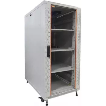 IT-BUDGET 19 inch Tīkla skapis SRK - Pilns komplekts - 27U - 600x600 mm - Stikla/Cietā tērauda durvis - 4 aktīvie ventilatori - PDU - Plaukti - Flatpack - Gaiši pelēks (90ITB19SRK2766GG)