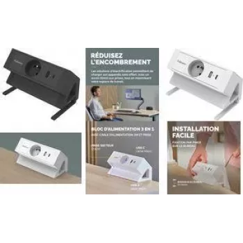 Fellowes Power Desk Desk Power Strip Type E White 3 AC Outlets 2 USB-A 2m Cable