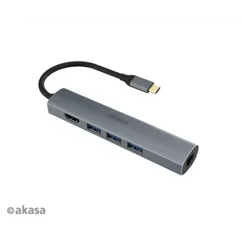 Akasa AK-CBCA22-18BK USB-C Multiport Adapter - USB 3.2 Gen 1 Type-C to HDMI, RJ-45, USB-A - Aluminium - Black - 18 cm