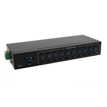Exsys EX-11220HMVS USB 3.2 Gen 1 10-Port Metal Hub ar DIN-Rail komplektu, VIA VL811+ Chipset, 5 Gbps, 5V/4A barošanas adapteris, 1,8m kabelis