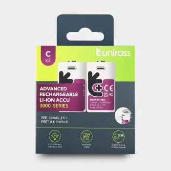Uniross USB-C C/HR14 uzlādējamās litija-jonu baterijas 3000mAh, 2 iepakojumā