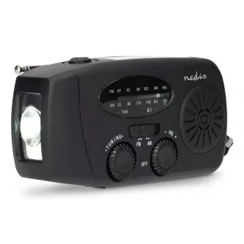 Nedis RDFMCR2000BK Saules radio ar lukturīti un SOS funkciju, FM/AM, USB-C, 2000 mAh, Melns