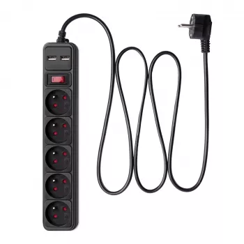 Akyga AK-SP-05U pagarinātājs ar pārsprieguma aizsardzību, 5 CEE 7/5 (E tipa) kontaktligzdas, 2x USB-A, 1,8 m, melns
