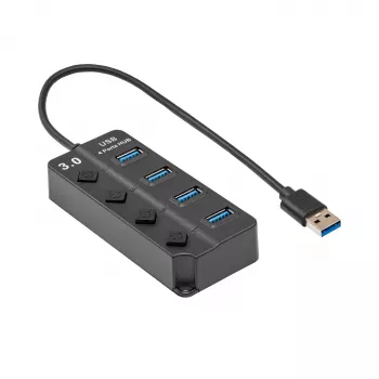 Akyga AK-AD-33 aktīvs USB 3.0 centrmezgls, 4 porti ar atsevišķiem slēdžiem, 15 cm, melns