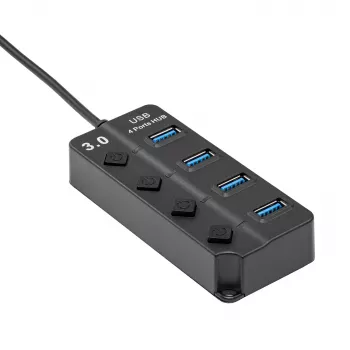 Akyga AK-AD-33 aktīvs USB 3.0 centrmezgls, 4 porti ar atsevišķiem slēdžiem, 15 cm, melns