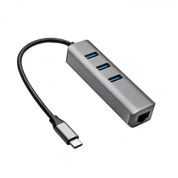 Akyga AK-AD-66 USB-C centrmezgls ar 3x USB 3.0 un Gigabit Ethernet, 15 cm, melns