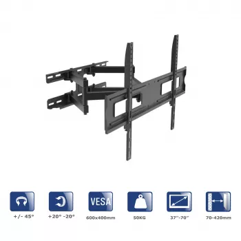 Akyga AK-MB-10 regulējams sienas TV turētājs, 37-70 collas, 50 kg, VESA 600x400, pagriešana ±45°, sagāzums ±20°, melns