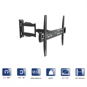 Akyga AK-MB-11 regulējams sienas TV turētājs, 37-75 collas, 40 kg, VESA 600x400, pagriešana ±90°, melns