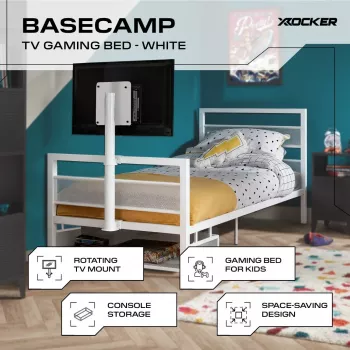 XROCKER Gaming Single Bed 90x190cm with TV Mount Metal White