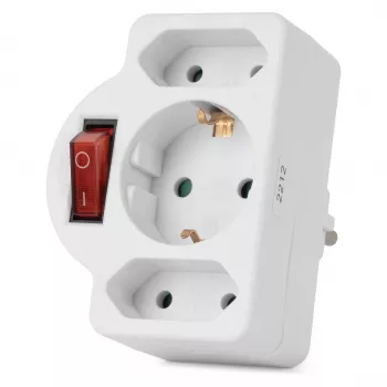 ENTAC sienas kontaktdakšas adapteris 2x Euro 1x Schuko ar slēdzi Balts
