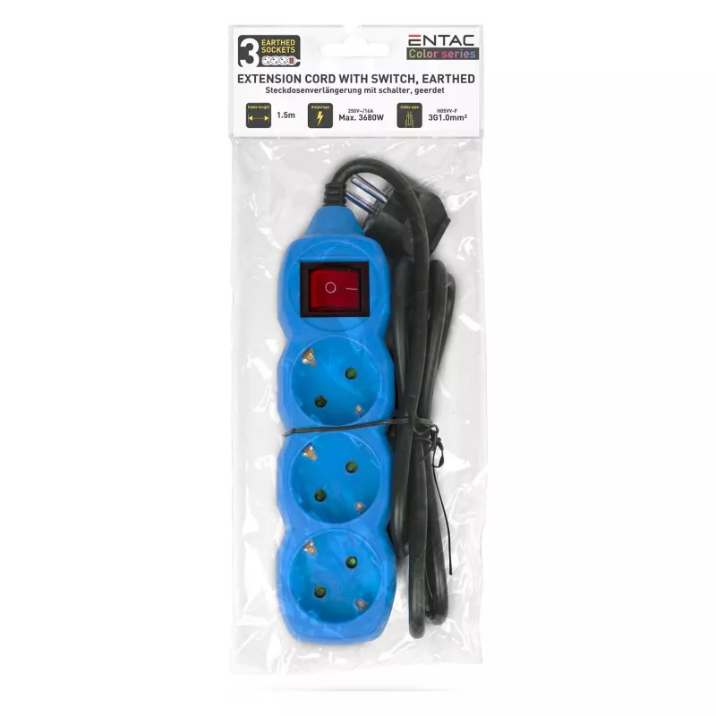 ENTAC Power Strip 3-Way 1,5m Switch Blue