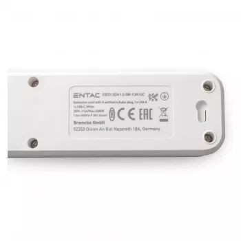 ENTAC Pagarinātājs 4× Kontaktligzda + 1× USB-A & 1× USB-C, 1.5m Balts