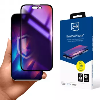 3MK Rainbow Privacy Screen Protector Apple iPhone 16 Plus, rūdīts stikls, 9H cietība, 2-virzienu privātuma filtrs, pretpirkstu nospiedumiem, 0,33mm