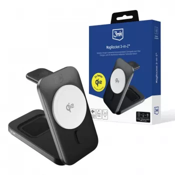 3MK MagRocket 3-in-1 15W MagSafe Compatible Wireless Charging Station for iPhone, Apple Watch, AirPods - Black