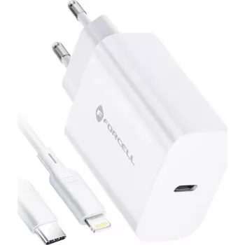 FORCELL F-ENERGY TFK-TC-20WPD USB-C sienas lādētājs ar USB-C uz Lightning kabeli, 20W PD QC4.0, 3A, Balts