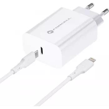 FORCELL F-ENERGY TFK-TC-20WPD USB-C sienas lādētājs ar USB-C uz Lightning kabeli, 20W PD QC4.0, 3A, Balts