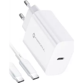 FORCELL F-ENERGY TFK-TC-25WPD USB-C Wall Charger 25W PD QC 3.0 ar USB-C uz USB-C kabeli 3A Balts