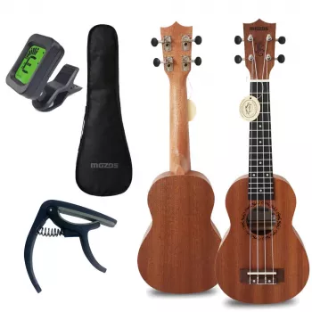 MOZOS GECKO Soprano Ukulele komplekts - dabīgs koks, 12 frets, neilona stīgas, iekļauts maciņš, skaņotājs, mediatori, siksna, rezerves stīgas, tīrīšanas drāniņa