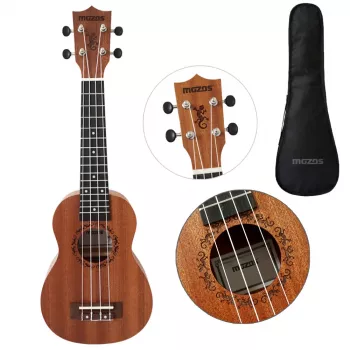 MOZOS GECKO Soprano Ukulele komplekts - dabīgs koks, 12 frets, neilona stīgas, iekļauts maciņš, skaņotājs, mediatori, siksna, rezerves stīgas, tīrīšanas drāniņa