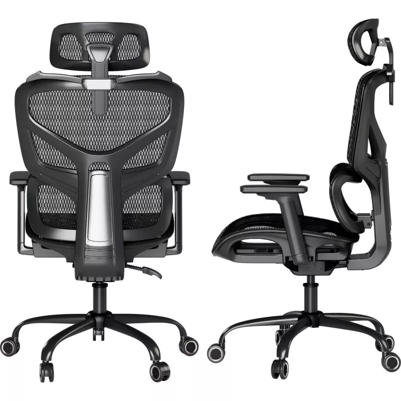 MOZOS ERGO-V Ergonomic Office Chair with Adjustable Lumbar Support and Headrest, Black