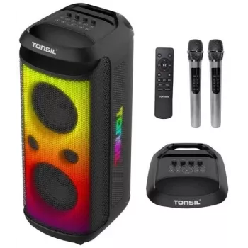 TONSIL Party Dance 1600 Pārnēsājams Bluetooth skaļrunis ar LED gaismām, karaoke, 1600W PMPO, 80W RMS, 10 inch zemfrekvences skaļruni, TWS, FM radio, mikrofonu un tālvadības pulti