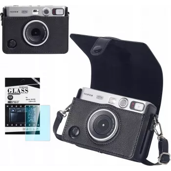 LOVEINSTANT 2-in-1 aizsargmaciņš un rūdīta stikla ekrāna aizsargs Fujifilm Instax Mini Evo - Melns