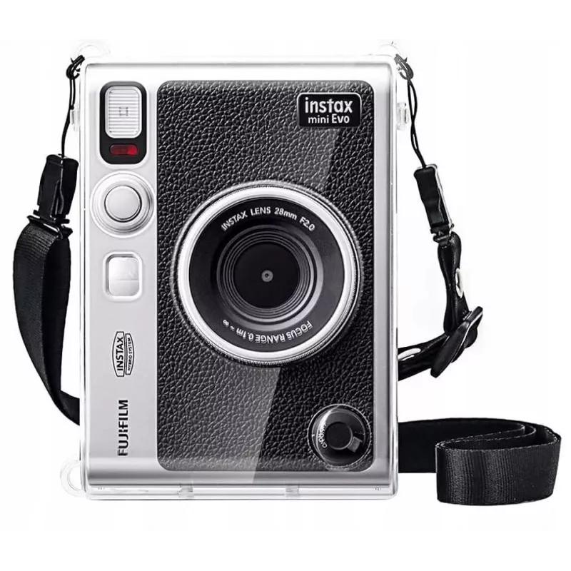 LOVEINSTANT 6-in-1 Kit: Transparent Hard Case + Tempered Glass Screen Protector + 64-Pocket Photo Album + Lens Cap + Photo Frames + Shoulder Strap for Fujifilm Instax Mini Evo