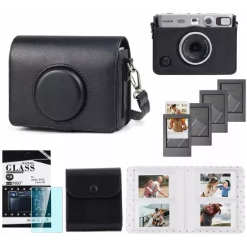 LOVEINSTANT 5-in-1 Kit: Case + Tempered Glass + 64-Pocket Album + Photo Pouch + Frames for Fuji Instax Mini Evo / Black