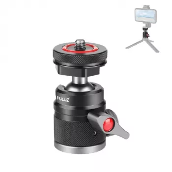 PULUZ Mini Ball Head 3D ar 1/4 collu skrūvi un 2 Cold Shoe stiprinājumiem, kravnesība 3 kg, melns PU3075B