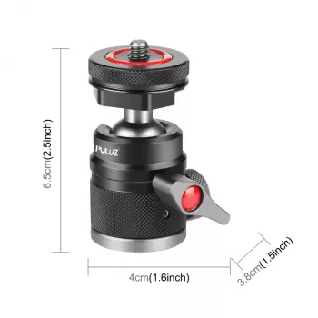 PULUZ Mini Ball Head 3D ar 1/4 collu skrūvi un 2 Cold Shoe stiprinājumiem, kravnesība 3 kg, melns PU3075B