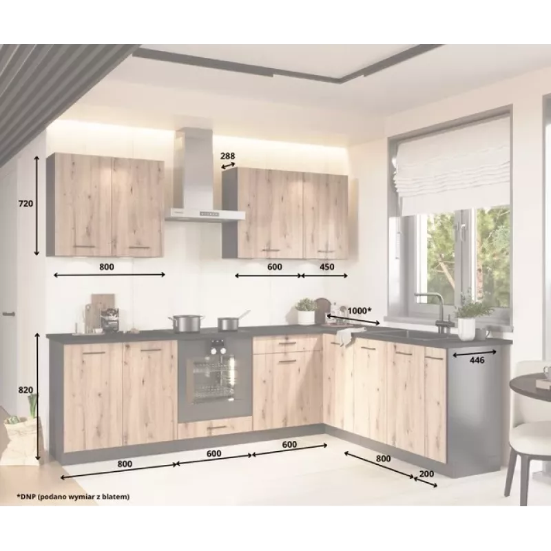 STOLKAR Cosmo Design ANIKA Kitchen Furniture Set, Artisan Oak/Graphite 2.0/2.6