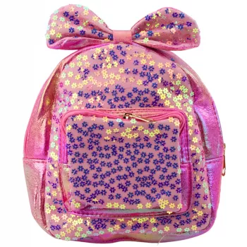 LEAN Bērnu mugursoma ar vizuļiem, ziediem, bantīti, rozā, 22cm, 2.8L