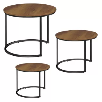 LEAN Set of 3-in-1 Round Coffee Tables Vintage Natural Wood 51cm 40cm 30cm