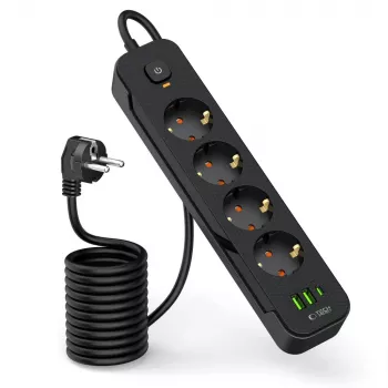 TECH-PROTECT PCL4X3 Pagarinātājs ar 2 USB & 1 Type-C & 4 Kontaktligzdām 200cm Melns