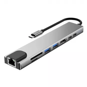 TECH-PROTECT HB09 Hub Adapter 8-in-1 USB-C to USB-A 3.0, USB-C 3.0, HDMI 4K 60Hz, SD/TF, PD 100W, RJ45 Gigabit Ethernet, Space Grey