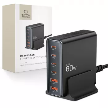 Tech-Protect DC80W-GAN 6-PORT GaN 80W USB-C Lādētājs Melns