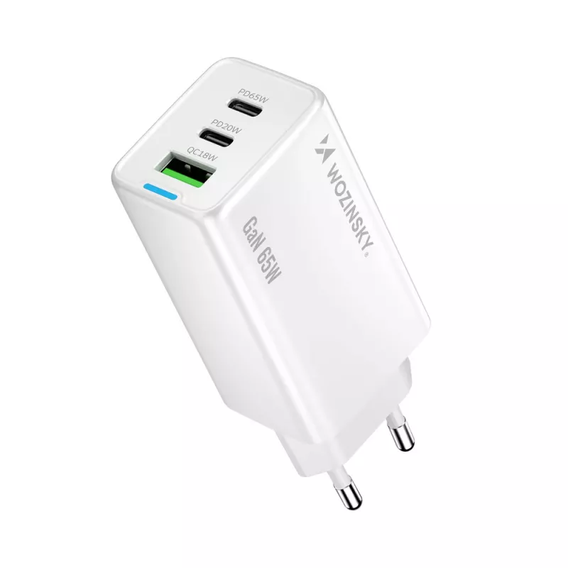 Wozinsky GaN 65W lādētājs ar USB-A un 2x USB-C portiem un USB-C kabeli 65W - Balts