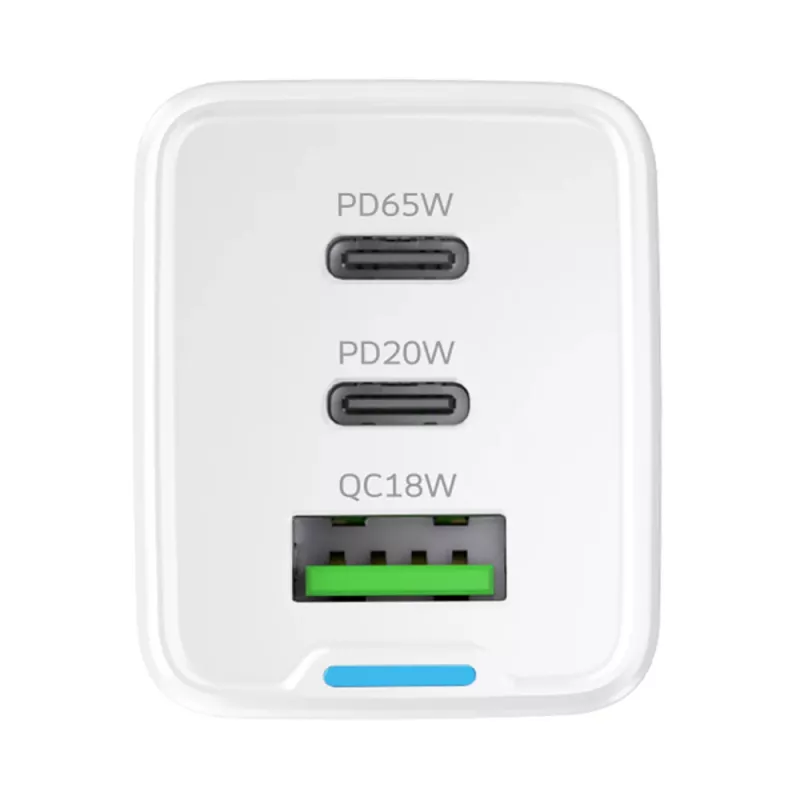 Wozinsky GaN 65W lādētājs ar USB-A un 2x USB-C portiem un USB-C kabeli 65W - Balts