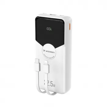 Powerbank Wozinsky WFC-15W 20000mAh 22.5W PD20W ar iebūvētiem Lightning un USB-C kabeļiem - Balts