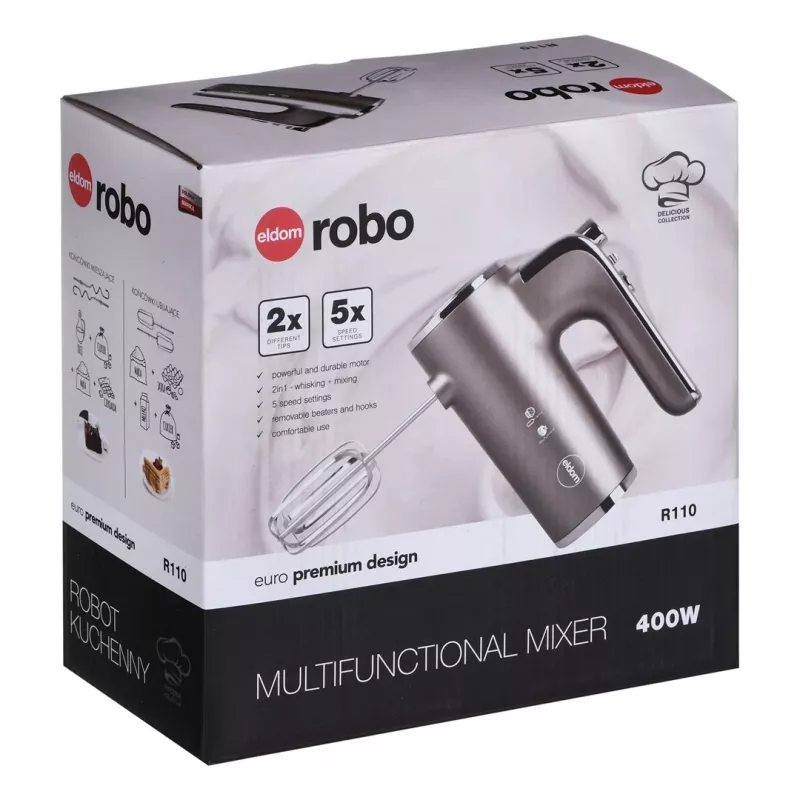 Eldom R110 Robo rokas mikseris, 400 W, 5 ātrumi, turbo funkcija, putošanas un maisīšanas uzgaļi, sudraba krāsā (R110 robo)