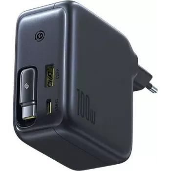 Baseus EnerCore CJ11 100W GaN sienas lādētājs ar ievelkamu USB-C kabeli, 2 USB-C un 1 USB-A portiem, melns