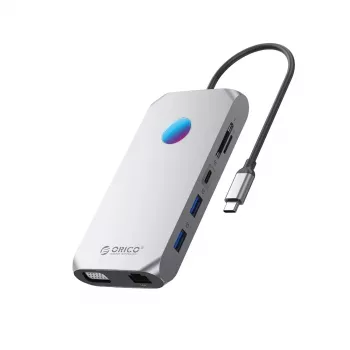 ORICO XCR 12-in-1 USB-C Docking Station ar RGB, 3x USB-A 3.1, 1x USB-A 2.0, 1x USB-C PD 100W, 1x USB-C 3.1, 1x HDMI 1.4 4K 30Hz, 1x VGA 1080p, 1x microSD/SD 3.0, 1x RJ45 Gigabit Ethernet, 1x Audio CTIA 3.5mm - Pelēks