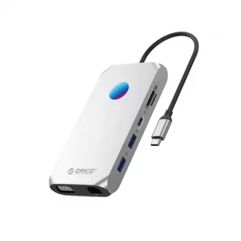 ORICO XCR 12-in-1 USB-C Docking Station ar RGB, 3x USB-A 3.1, 1x USB-A 2.0, 1x USB-C PD 100W, 1x USB-C 3.1, 1x HDMI 1.4 4K 30Hz, 1x VGA 1080p, 1x microSD/SD 3.0, 1x RJ45 Gigabit Ethernet, 1x Audio CTIA 3.5mm - Sudraba
