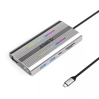 ORICO XCR 12-in-1 USB-C Docking Station ar RGB, 3x USB-A, USB-C PD 100W, HDMI 4K, VGA, RJ45 Gigabit, SD/microSD karšu lasītājs - Sudraba