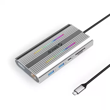 ORICO XDR 12-in-1 USB-C Docking Station ar RGB, 2x HDMI 4K 60Hz, DisplayPort 4K 60Hz, RJ45 Gigabit, PD 100W, SD/microSD karšu lasītājs - Sudrabs