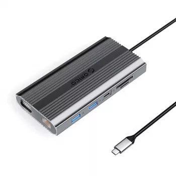 ORICO XDR 12-in-1 USB-C Docking Station with USB-A, USB-C PD 100W, HDMI 4K, VGA, RJ45 Gigabit, SD & MicroSD Card Reader - Grey