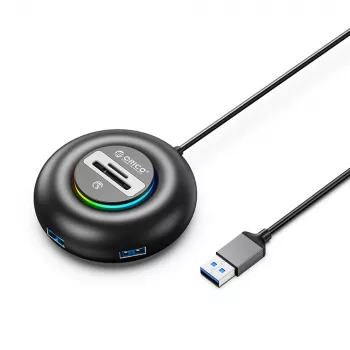 ORICO YXR4 RGB 4-Port USB-A 3.0 Hub ar SD un MicroSD karšu lasītāju, 1,8m kabelis, Melns