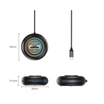 ORICO YXR5-C3 RGB 4-Port USB-A 3.0 Hub ar SD un microSD karšu lasītāju, 1.8m kabelis, Melns